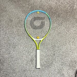Vibrant Blue and Yellow Tennis Racket with White Grip